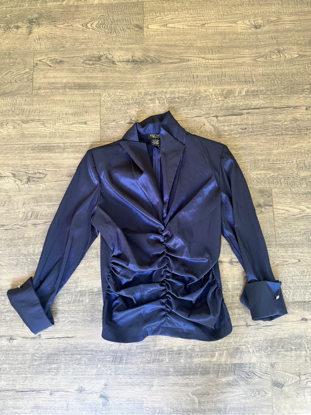 Xscape Midnight Blue Satin Ruched Blouse